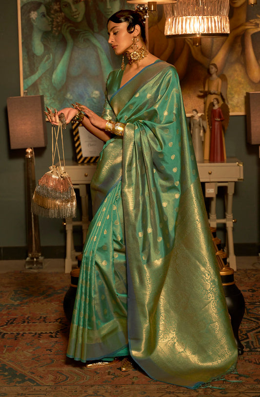 Teal Green Silk Jacquard Woven Saree With Blouse