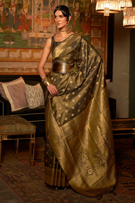 Mehendi Silk Jacquard Woven Saree With Blouse