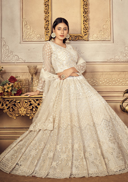 White Net Heavy Thread Embroidery Cordding With Stone Work Lehenga Choli (2 Layer Inner With Can Can)