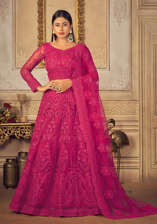 Rani Pink Net Heavy Thread Embroidery Cordding With Stone Work Lehenga Choli (2 Layer Inner With Can Can)