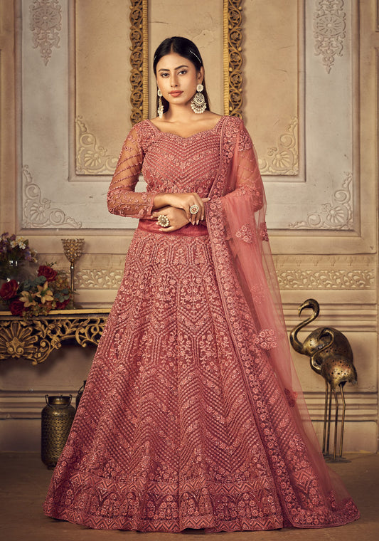 Salmon Net Heavy Thread Embroidery Cordding With Stone Work Lehenga Choli (2 Layer Inner With Can Can)