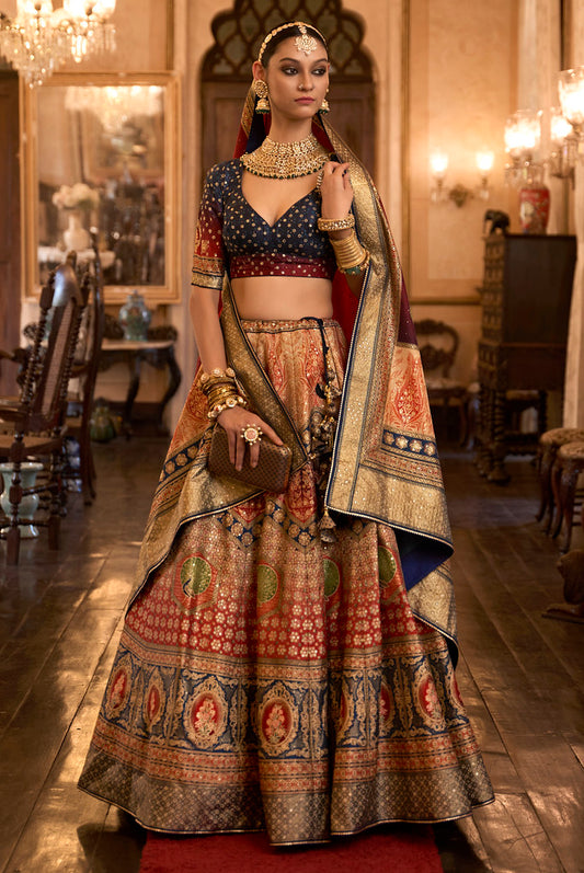 Multicolor Smooth Rajwadi Silk Jacquard Woven Print With Heavy Aari Work Lehenga Choli