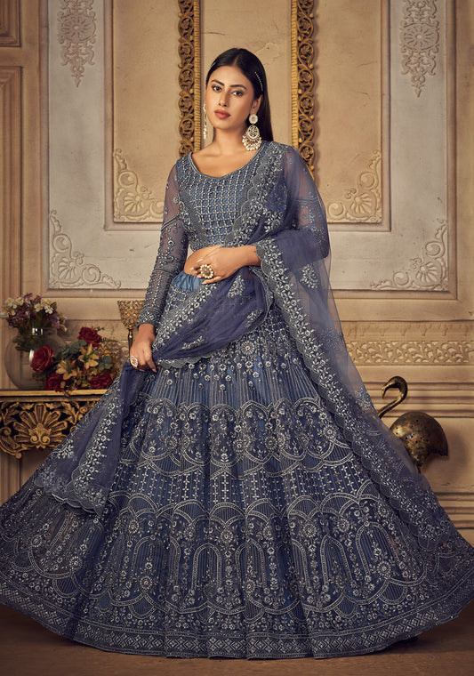 Dark Pastel Blue Net Heavy Thread Embroidery Cordding With Stone Work Lehenga Choli (2 Layer Inner With Can Can)