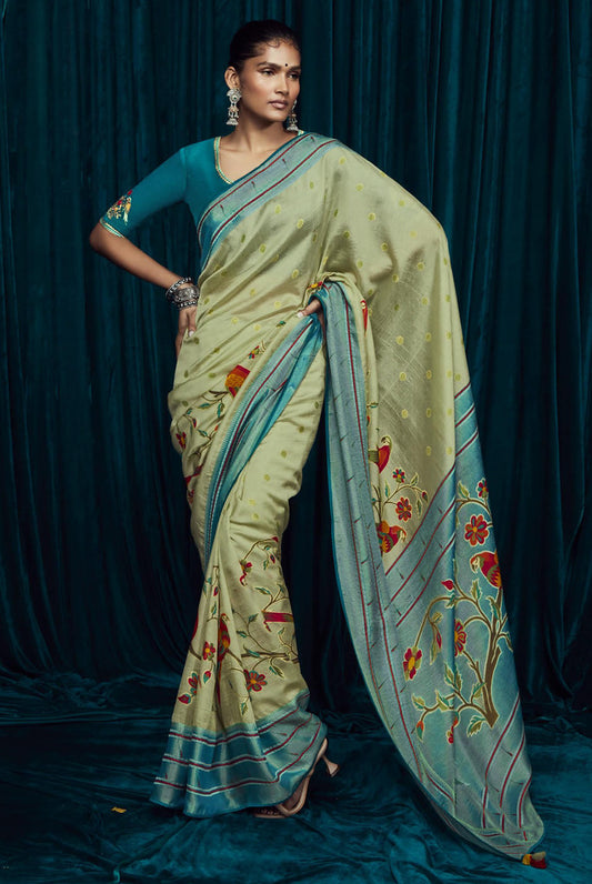 Pista Brasso Printed Saree With Embroidery Blouse