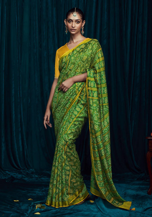 Green Brasso Printed Saree With Embroidery Blouse