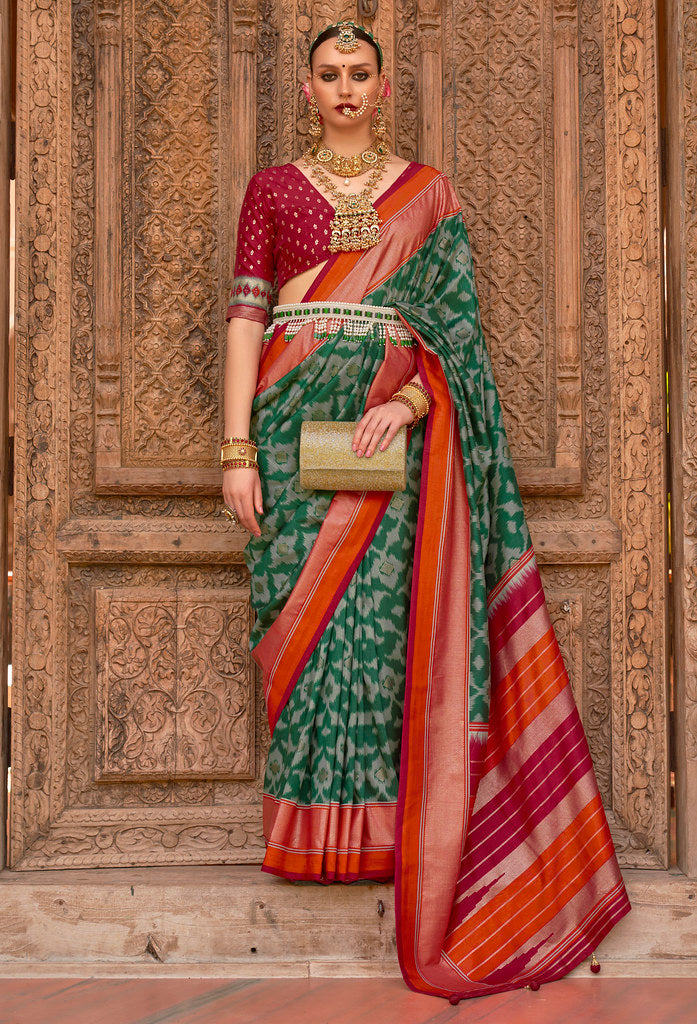 Green PV Silk Printed Saree With Blouse