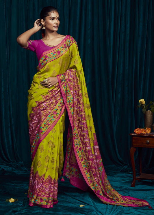 Lime Green Brasso Printed Saree With Embroidery Blouse