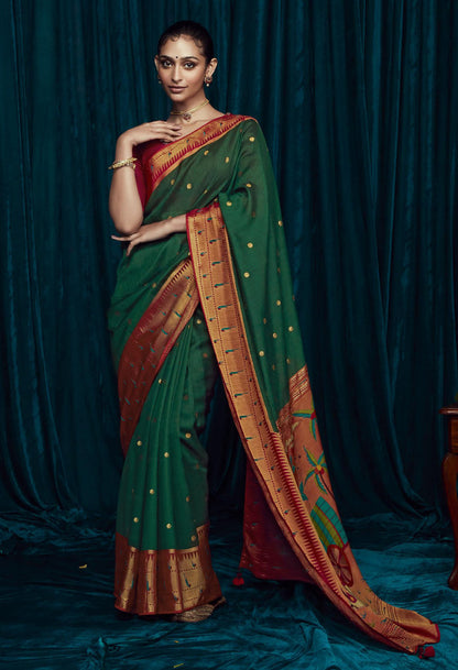 Dark Green Brasso Printed Saree With Embroidery Blouse