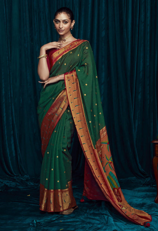 Dark Green Brasso Printed Saree With Embroidery Blouse