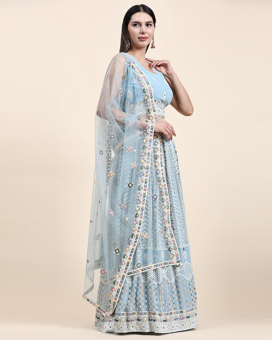 Light Blue Pure Viscose Georgette Lakhanvi Thread Embroidery With Hand Work Lehenga Choli