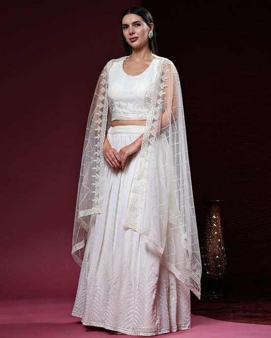 White Pure Viscose Georgette Thread Embroidery Sequince With Hand Work Lehenga Choli