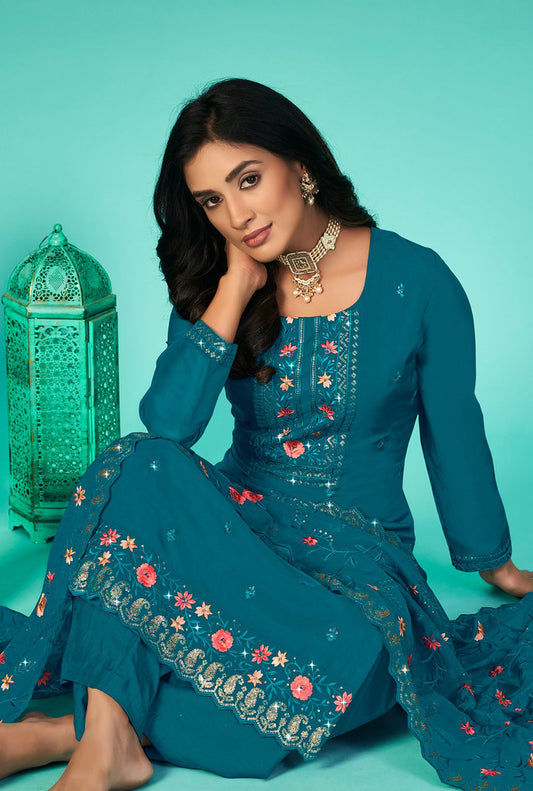 Teal Blue Organza Heavy Thread Embroidery With Sequins Work Salwar Kameez